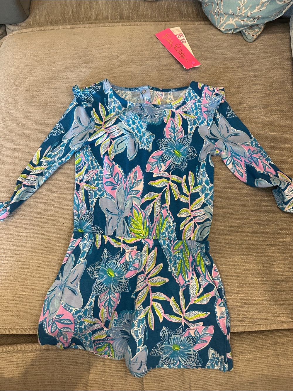 Teal Floral Long-Sleeve Sasha romper - xs 2-3 macaw blue tall me about it print